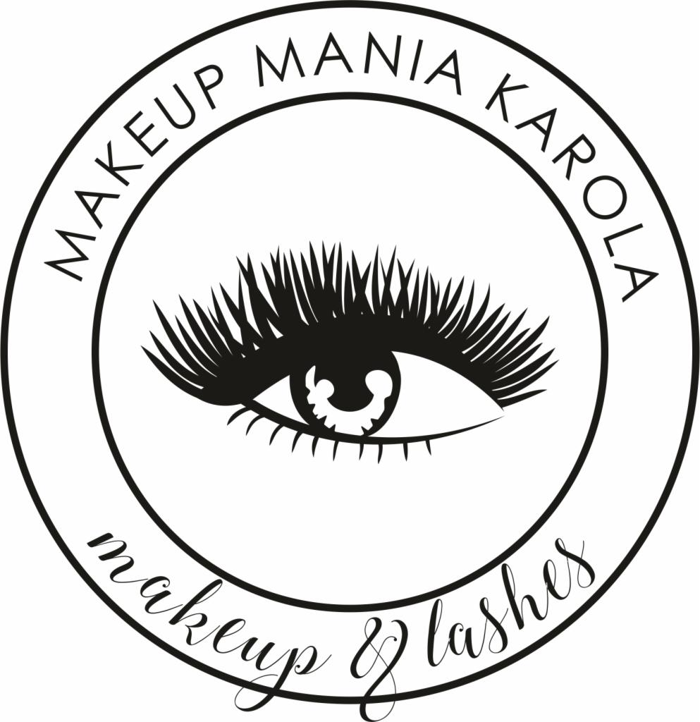 Czarno-białe logo z okiem i długimi rzęsami w okręgu z napisem 'MAKEUP MANIA KAROLA makeup & lashes'.