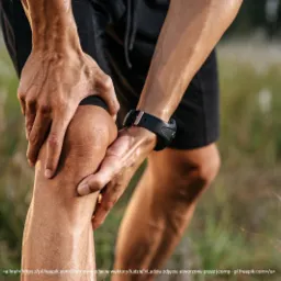 Mężczyzna w sportowym stroju, trzymający się za bolące kolano na tle łąki, widoczny zegarek sportowy na nadgarstku.