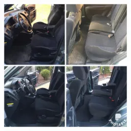 Cztery ujęcia wnętrza samochodu Hyundai Tucson z czarną tapicerką przed i po czyszczeniu, prezentujące różnicę w wyglądzie foteli i podłogi.