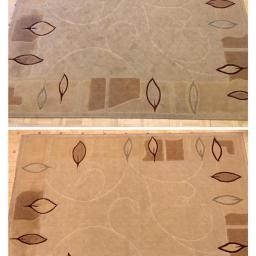 Pro-Clean s.c - Dywan z geometrycznym wzorem i motywem liści, podzielony na dwie części: górna pokazuje stan przed czyszczeniem, z widocznymi plamami i zabrudzeniami, dolna prezentuje efekt po czyszczeniu,...