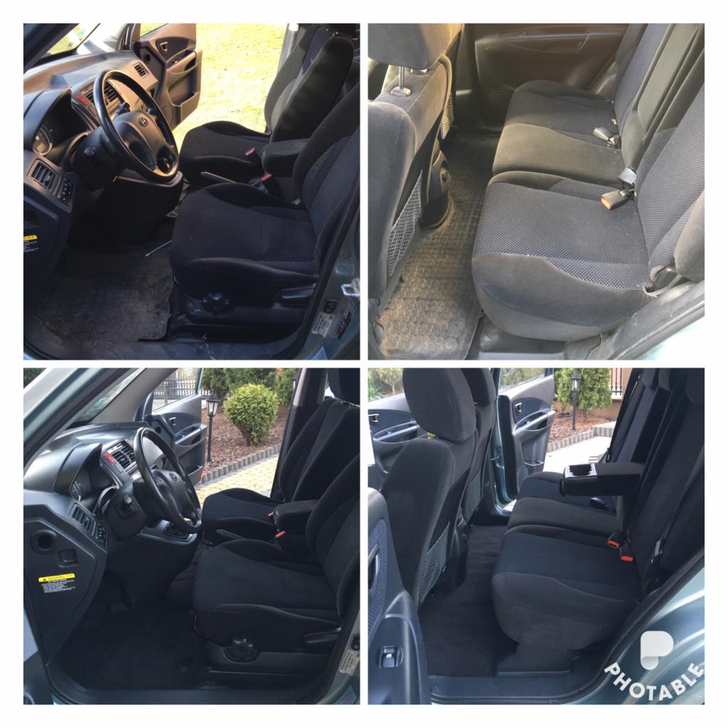 Cztery ujęcia wnętrza samochodu Hyundai Tucson z czarną tapicerką przed i po czyszczeniu, prezentujące różnicę w wyglądzie foteli i podłogi.