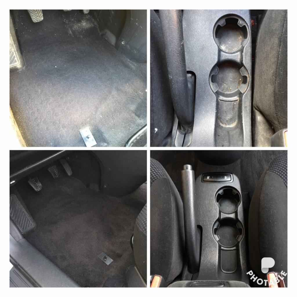 Cztery kadry wnętrza samochodu: brudna podłoga i uchwyt na napoje przed czyszczeniem, czysta podłoga i uchwyt na napoje po wyczyszczeniu.