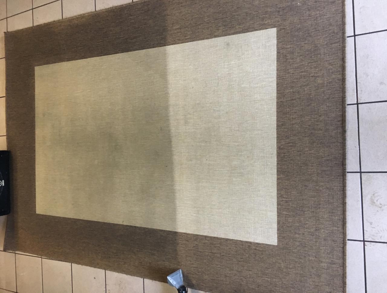 Fragment dywanu z widoczną różnicą w czystości po częściowym czyszczeniu, ukazujący efekt odświeżenia koloru i usunięcia zabrudzeń.