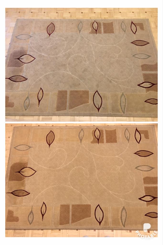 Dywan z geometrycznym wzorem i motywem liści, podzielony na dwie części: górna pokazuje stan przed czyszczeniem, z widocznymi plamami i zabrudzeniami, dolna prezentuje efekt po czyszczeniu,...