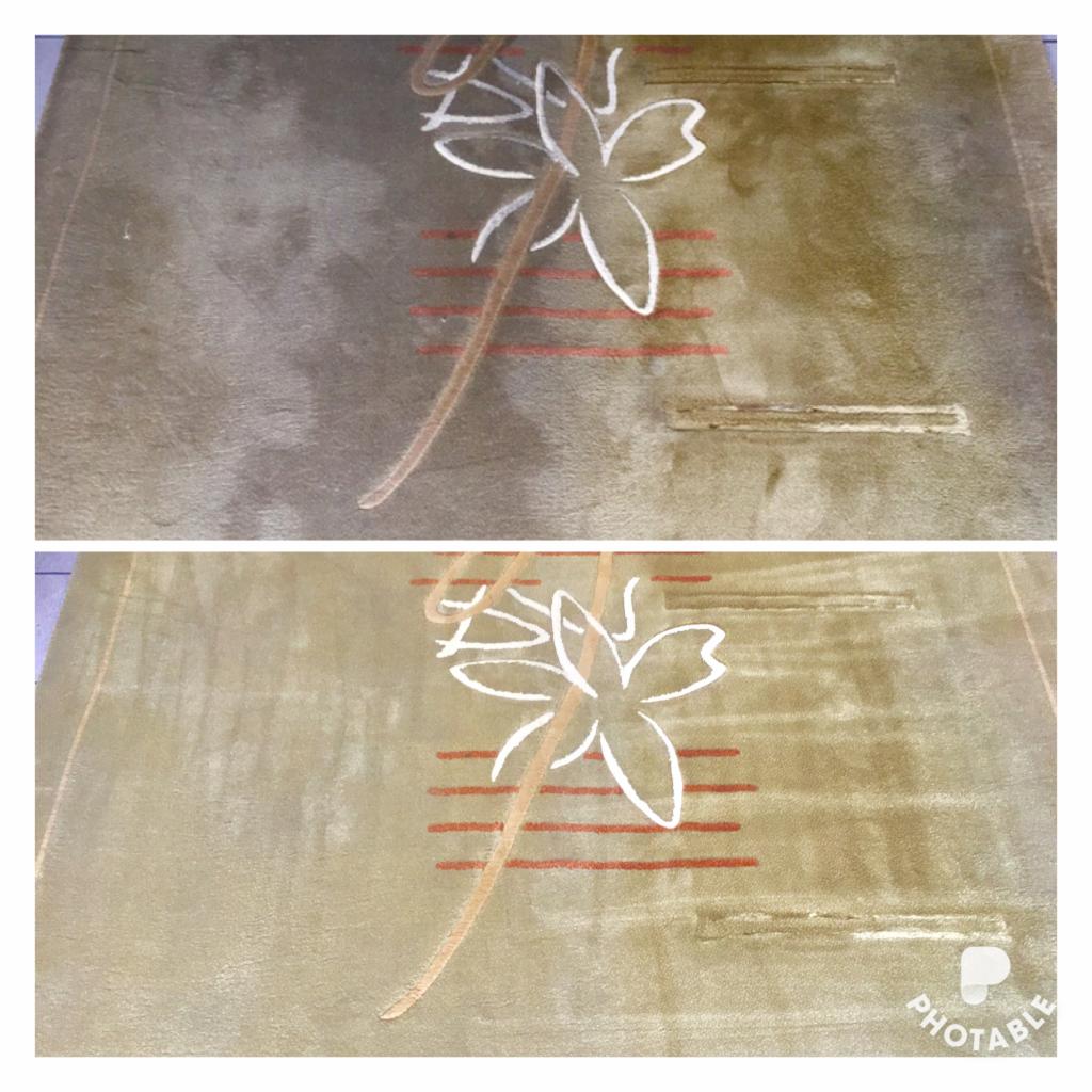 Dywan z wzorem kwiatowym w odcieniach beżu i brązu, widoczne różnice w czystości przed i po zabiegu czyszczenia.