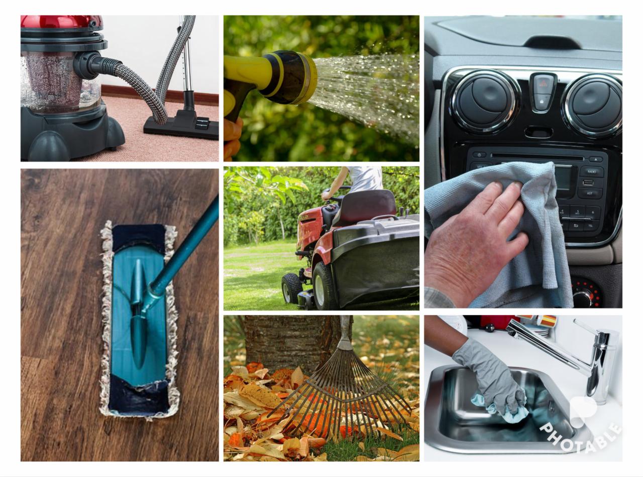 Kompozycja zdjęć przedstawiających różne prace porządkowe: odkurzanie dywanu, podlewanie roślin, czyszczenie deski rozdzielczej samochodu, mycie podłogi mopem, koszenie trawy traktorkiem, grabienie...
