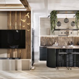 BASSO WNĘTRZA KLAUDIA BERECHOWSKA - Nowoczesne wnętrze: salon z telewizorem i kuchnia z wyspą, złote akcenty dekoracyjne, oświetlenie punktowe i wiszące rośliny tworzą przytulną atmosferę.