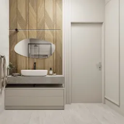 Nowoczesna łazienka z drewnianą ścianą, owalnym lustrem i minimalistyczną umywalką nablatową na betonowym blacie.