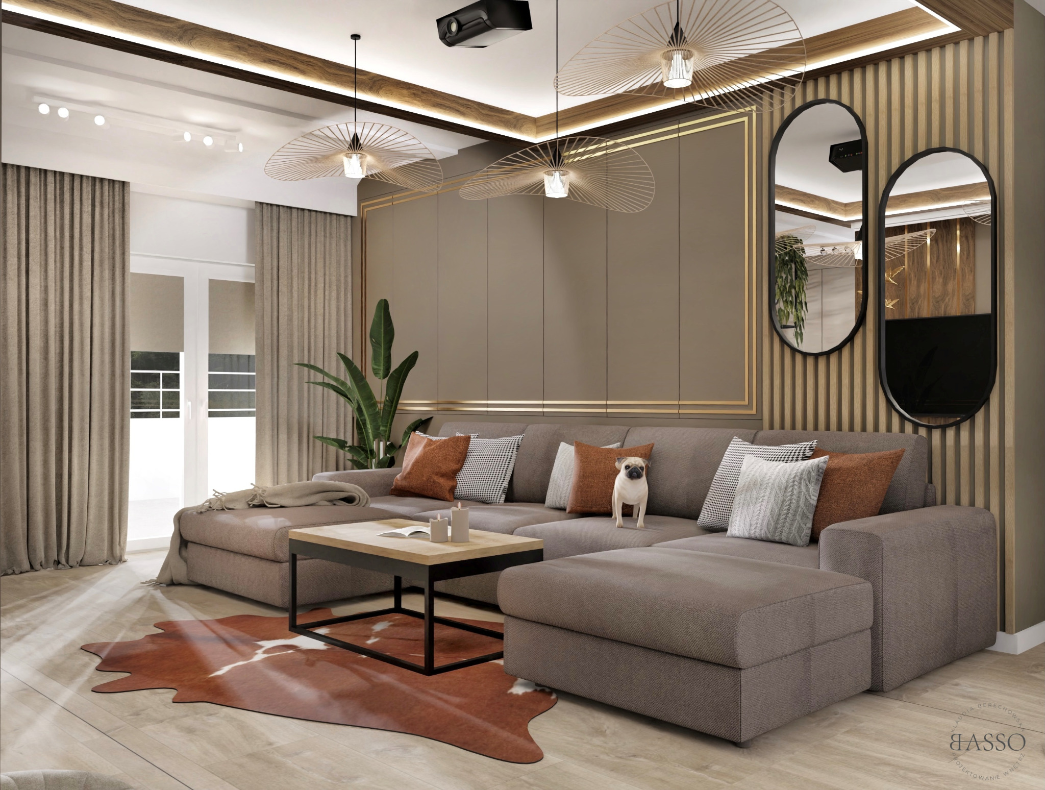 Nowoczesny salon z narożną sofą w odcieniach brązu, geometrycznymi lampami wiszącymi i dekoracyjnymi lustrami owalnymi; beżowe zasłony i dywan imitujący skórę krowy.