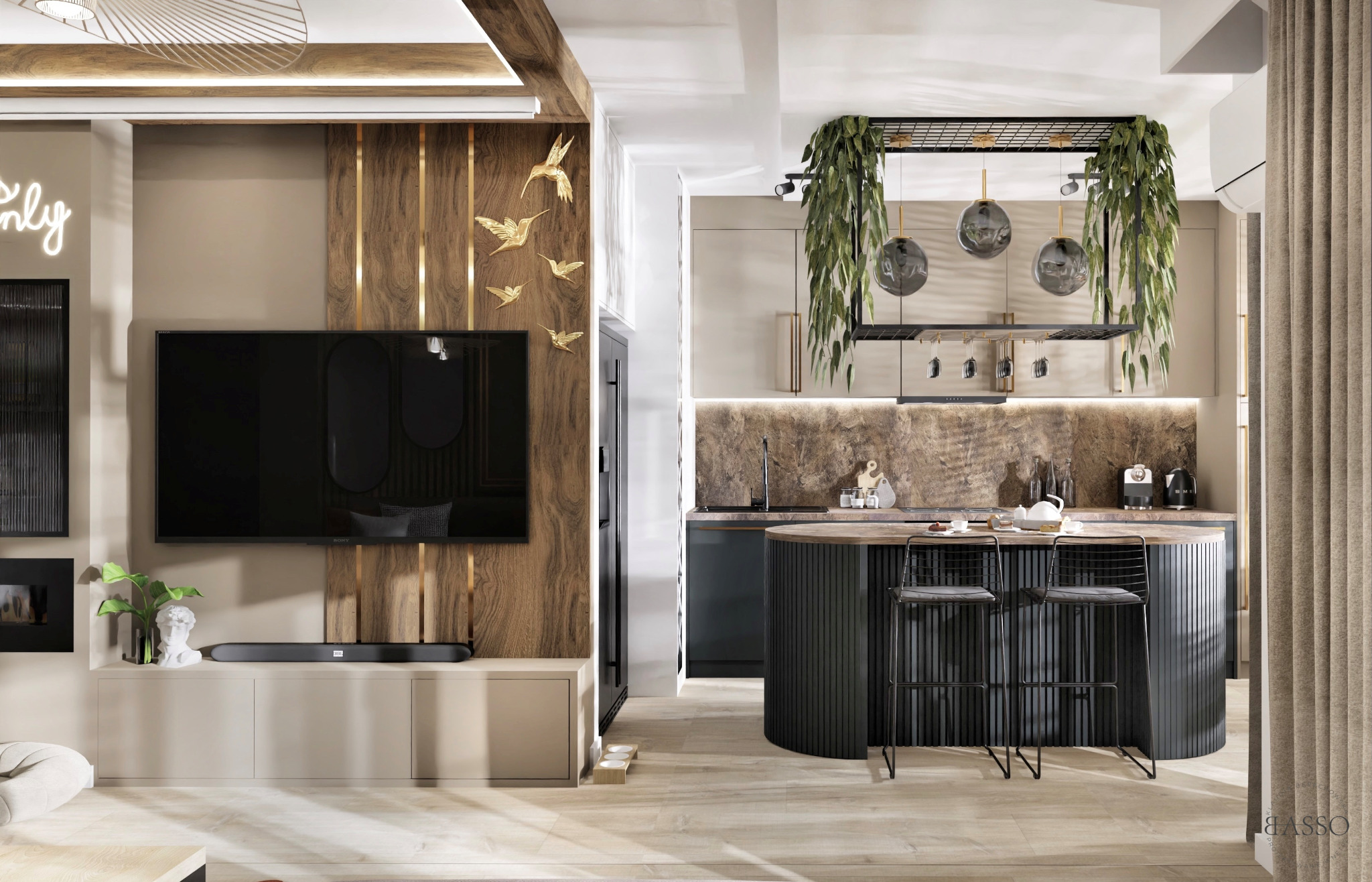 Nowoczesne wnętrze: salon z telewizorem i kuchnia z wyspą, złote akcenty dekoracyjne, oświetlenie punktowe i wiszące rośliny tworzą przytulną atmosferę.