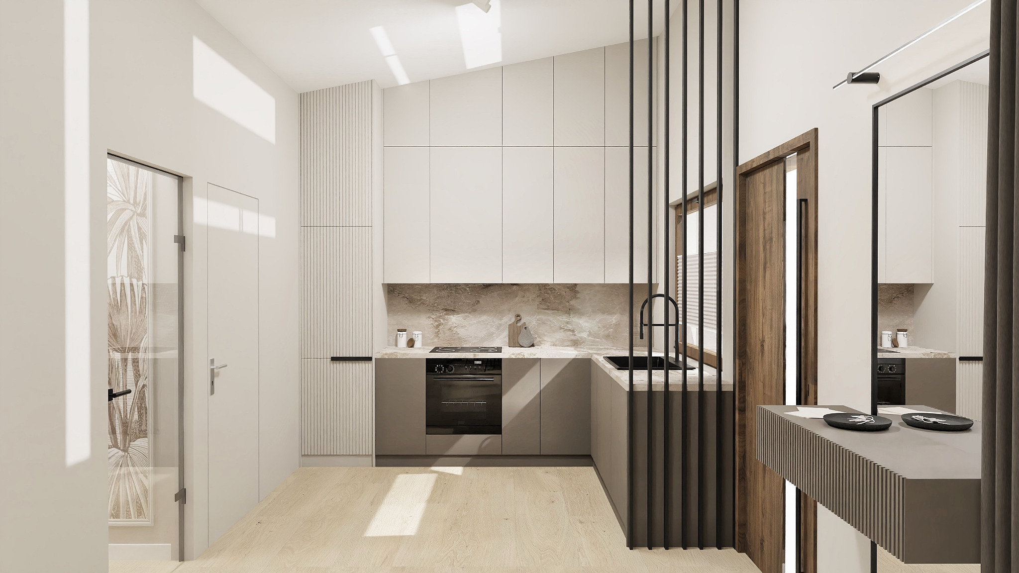 Nowoczesna kuchnia w jasnych odcieniach z akcentami szarości i czerni, widoczna przez dekoracyjną, pionową przegrodę; marmurowy backsplash, minimalistyczne szafki i drewniane podłogi.