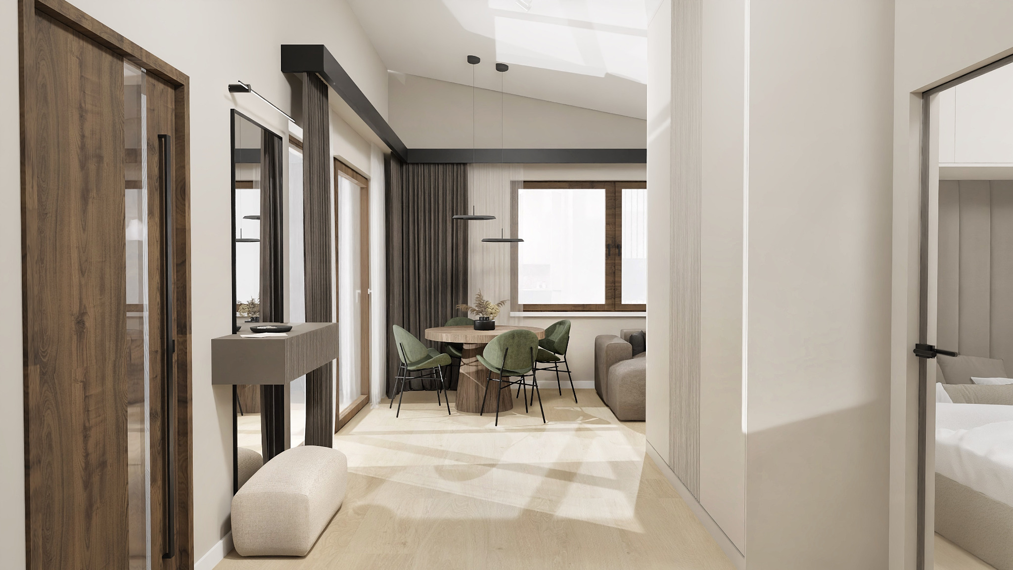 Nowoczesne wnętrze mieszkania z drewnianą podłogą, okrągłym stołem z zielonymi krzesłami, konsolą z lustrem przy wejściu i widokiem na sypialnię w tle.