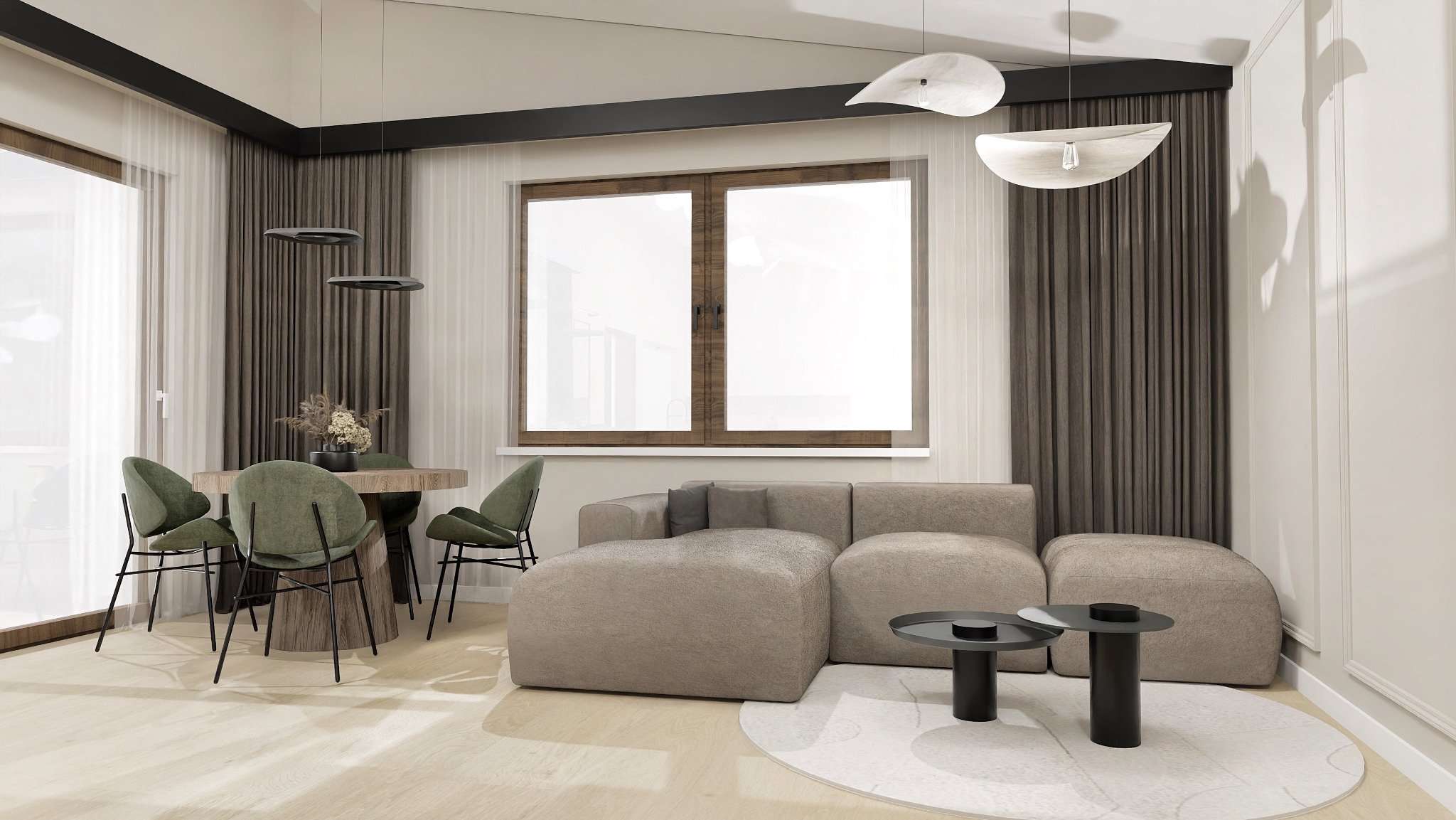 Jasne wnętrze z drewnianym stołem, zielonymi krzesłami, beżową sofą modułową i okrągłym dywanem, oświetlone nowoczesnymi lampami wiszącymi.