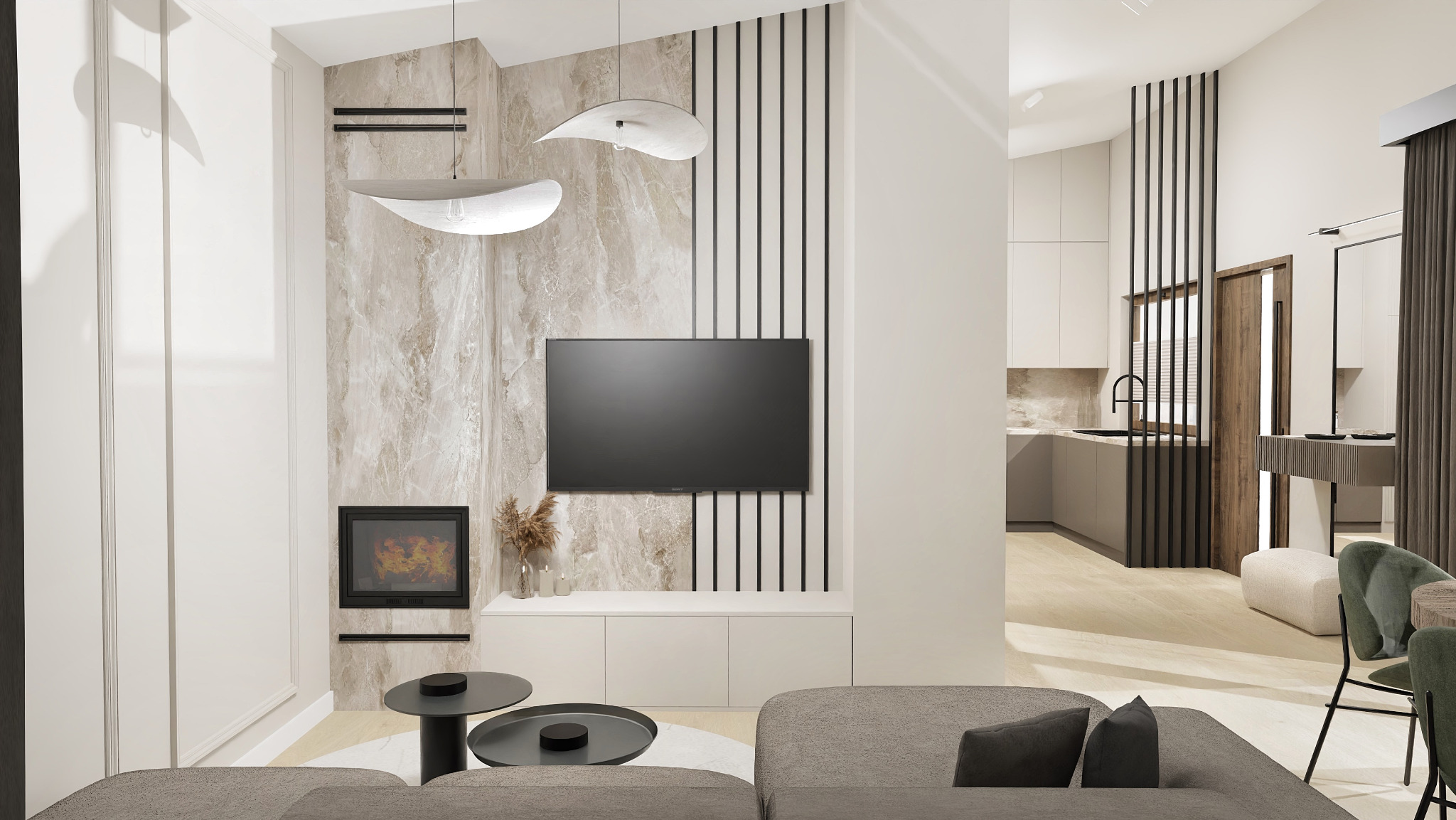 Nowoczesny salon z kominkiem i telewizorem na tle ściany z marmurowym wzorem, oświetlony designerskimi lampami wiszącymi, widok na kuchnię przez dekoracyjne czarne listwy.