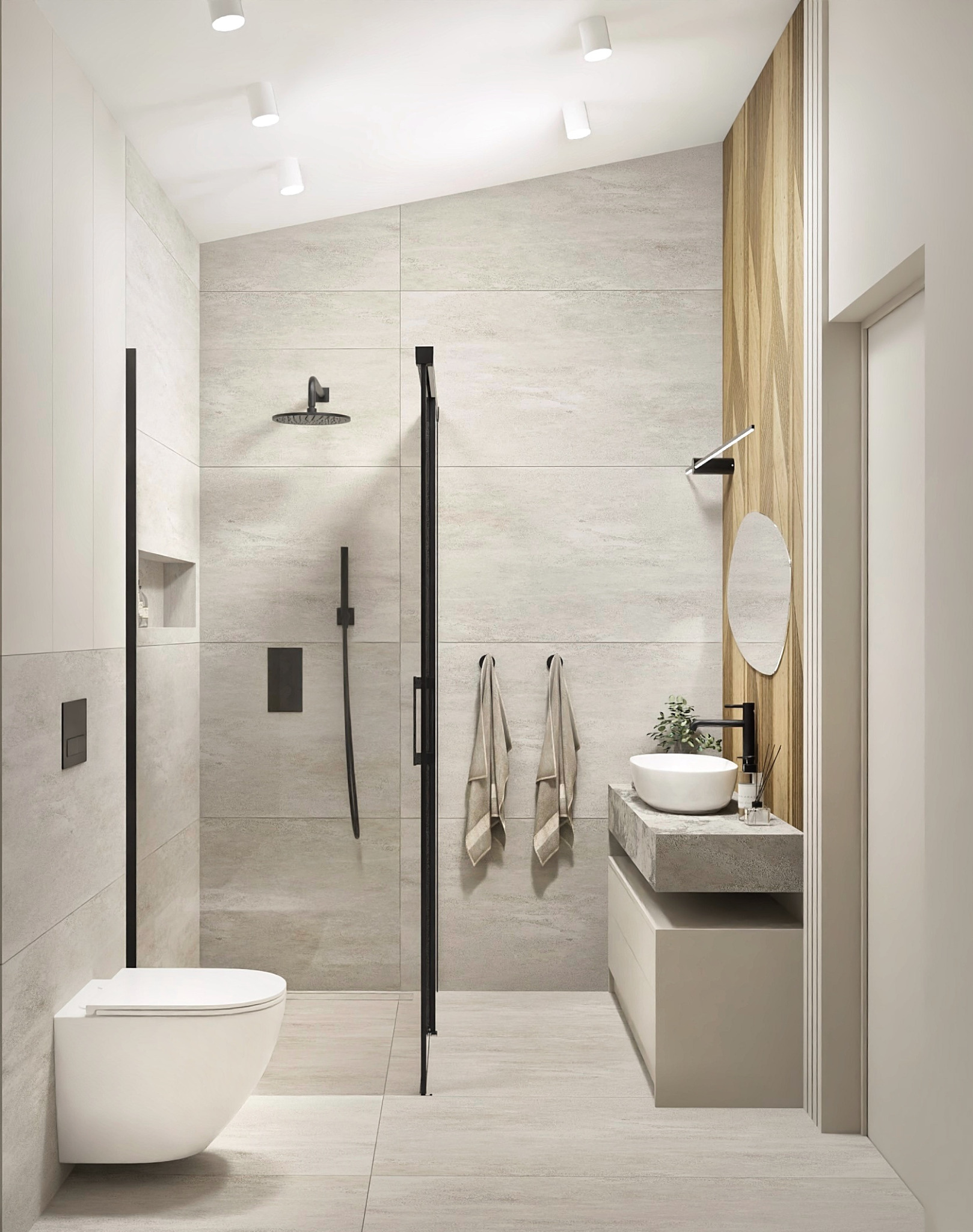 Nowoczesna łazienka z kabiną prysznicową typu walk-in z czarnymi profilami, wiszącą toaletą, umywalką nablatową na betonowym blacie i drewnianą ścianą z geometrycznym wzorem.
