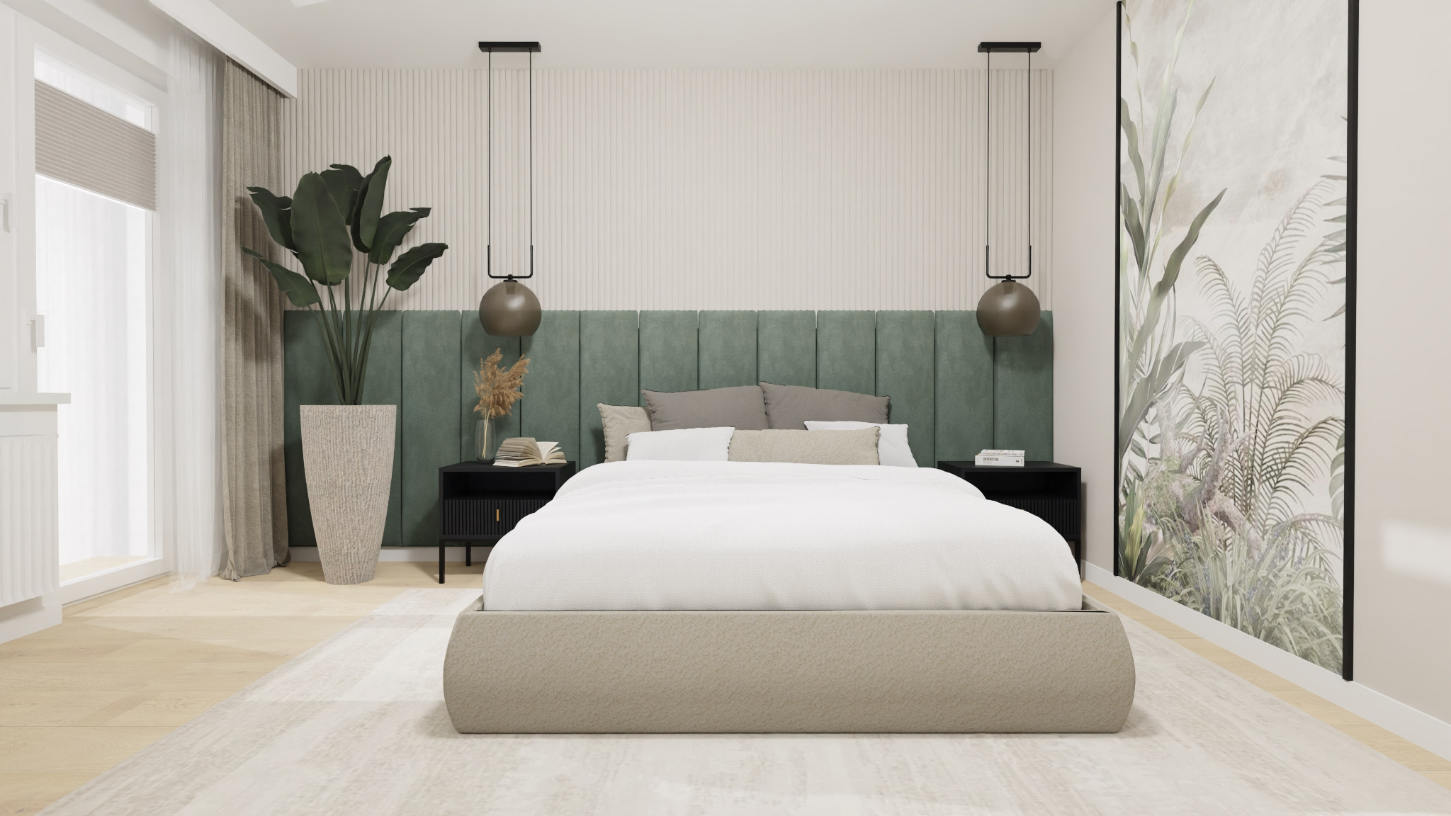Nowoczesna sypialnia z zielonym panelem zagłówkowym, okrągłymi lampami wiszącymi, czarnymi szafkami nocnymi i rośliną w wysokiej donicy.