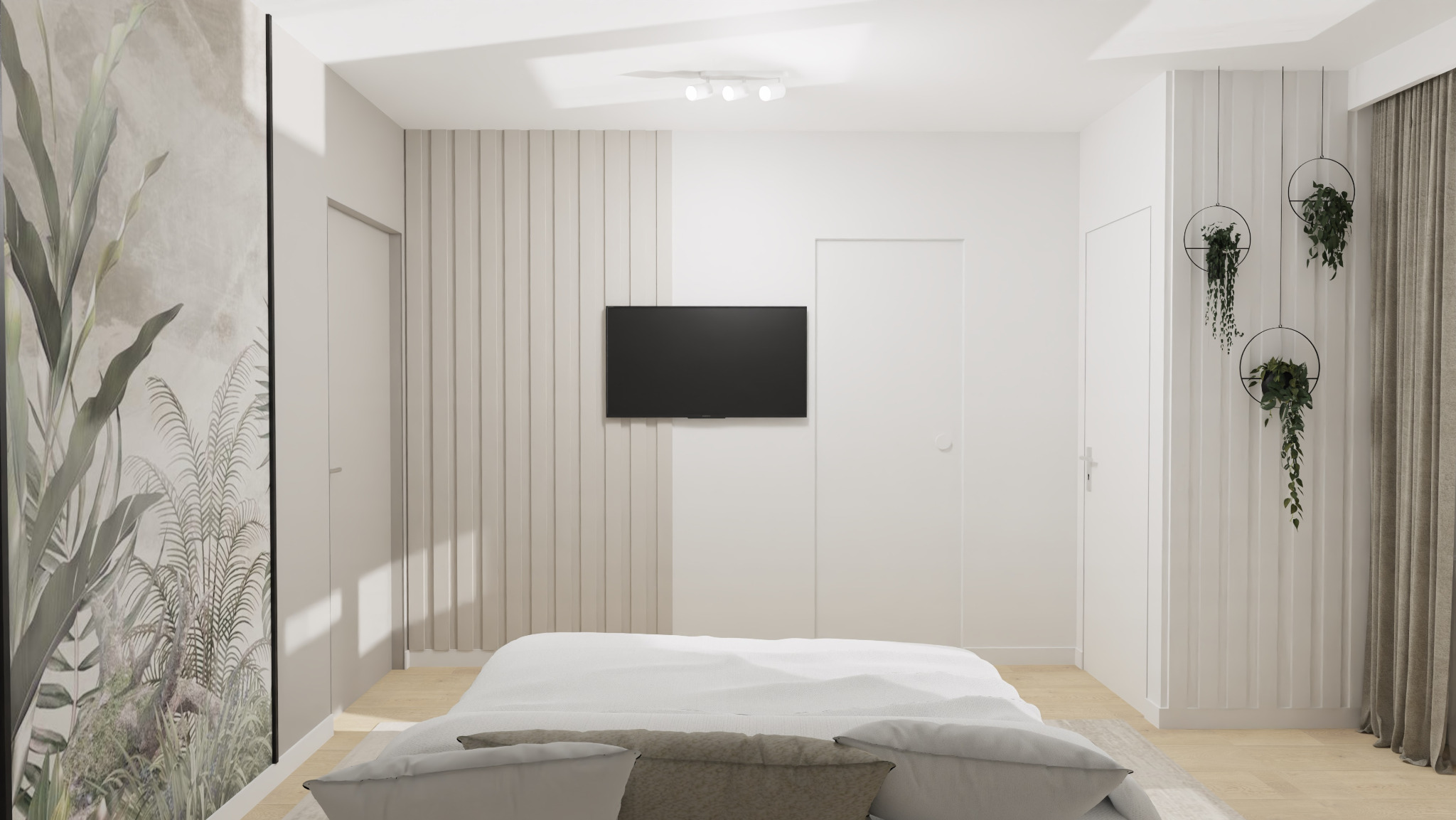 Nowoczesna sypialnia w jasnych barwach z akcentami roślinnymi: tapeta z motywem dżungli, wiszące rośliny w metalowych obręczach, telewizor na ścianie z panelami, minimalistyczne oświetlenie sufitowe.