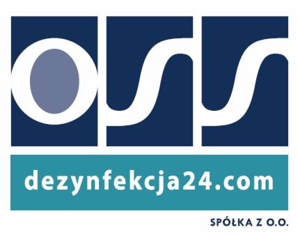 Logo firmy dezynfekcja24.com z elementami graficznymi w kolorach granatowym, białym i turkusowym, poniżej napis 'Spółka z o.o.'