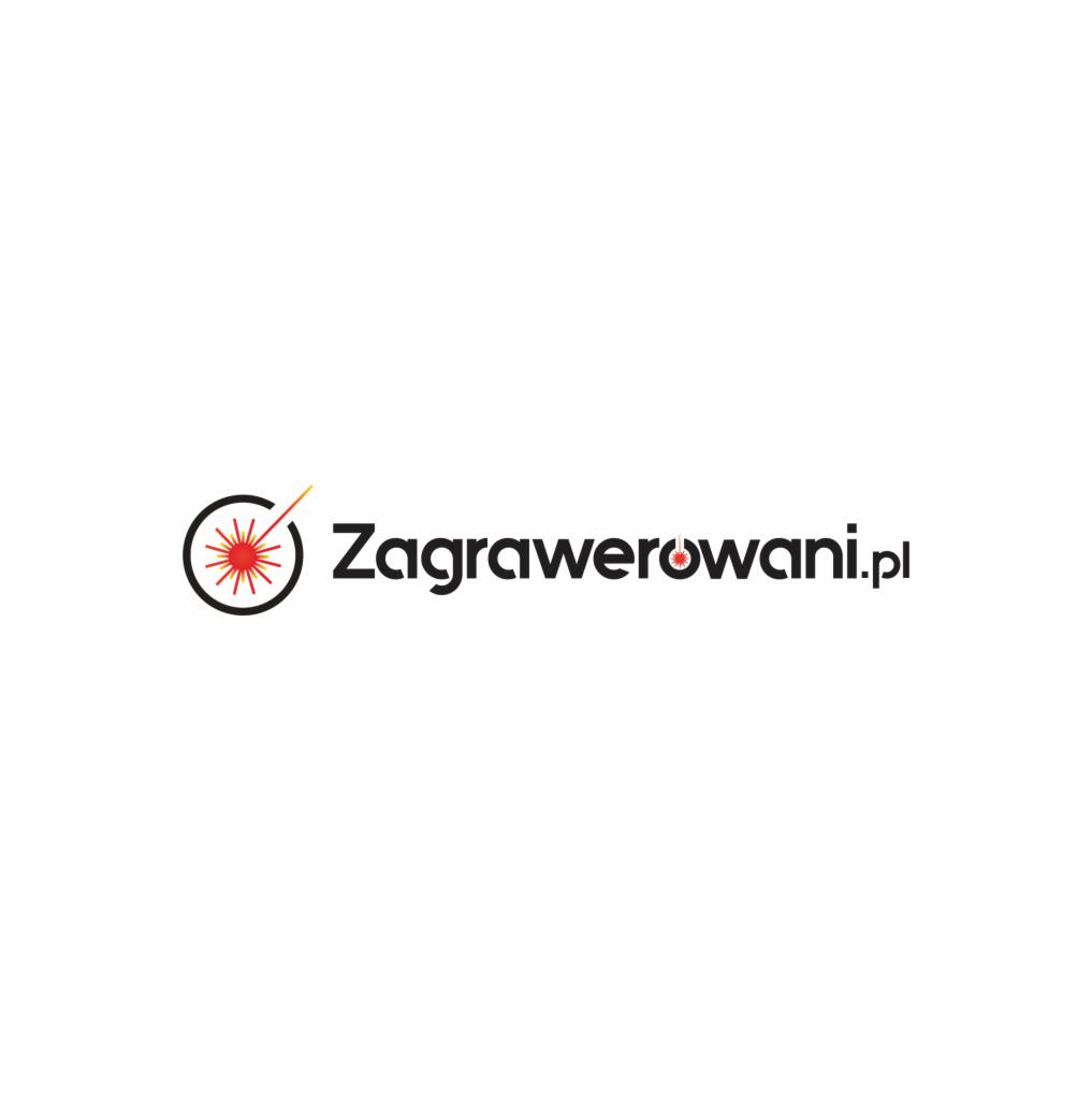 Logo firmy Zagrawerowani.pl z symbolem lasera w okręgu, czcionka bezszeryfowa.