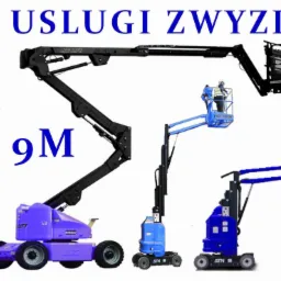 Kompozycja trzech podnośników koszowych różnych typów i rozmiarów na białym tle, z napisem 'Wynajem Usługi Zwyżką 9m'.