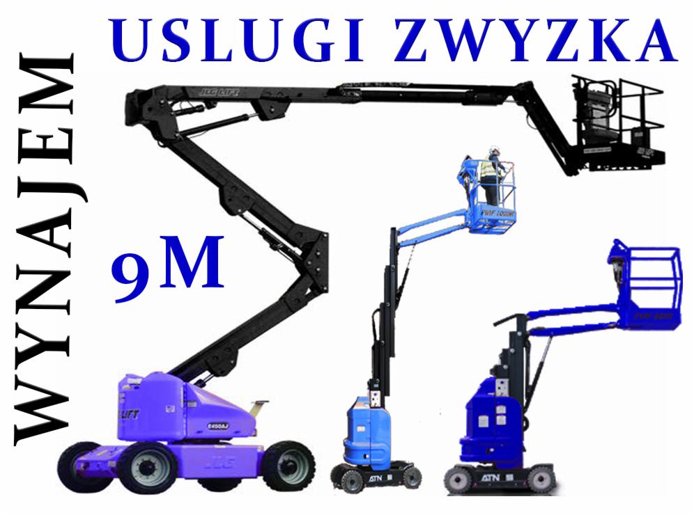 Kompozycja trzech podnośników koszowych różnych typów i rozmiarów na białym tle, z napisem 'Wynajem Usługi Zwyżką 9m'.