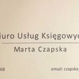 Wizytówka firmy 'Biuro Usług Księgowych Marta Czapska' z numerem telefonu i adresem email na kremowym tle.