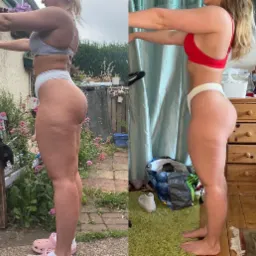 Zdjęcie 'przed i po' sylwetki kobiety, prezentujące efekty treningów. Widoczne zmiany w jędrności i kształcie pośladków oraz ud, ukazane w dwóch różnych sceneriach.