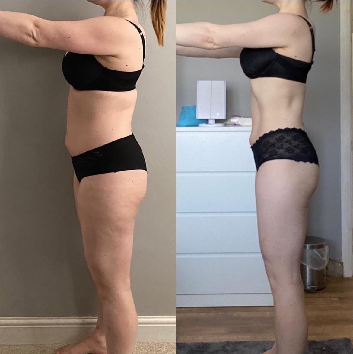 Efekt metamorfozy sylwetki: porównanie 'przed' i 'po' na zdjęciu kobiety w bieliźnie, ukazujące zmiany w figurze i kondycji ciała.