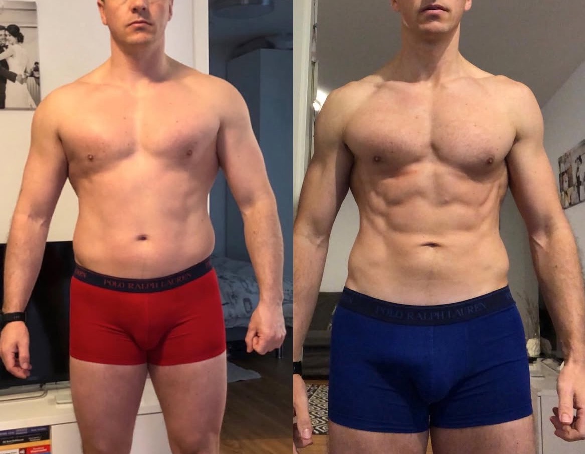 Mężczyzna przed i po treningu: po lewej sylwetka przed, z widocznym brzuchem, po prawej - po treningu, z wyrzeźbionymi mięśniami brzucha i klatki piersiowej.