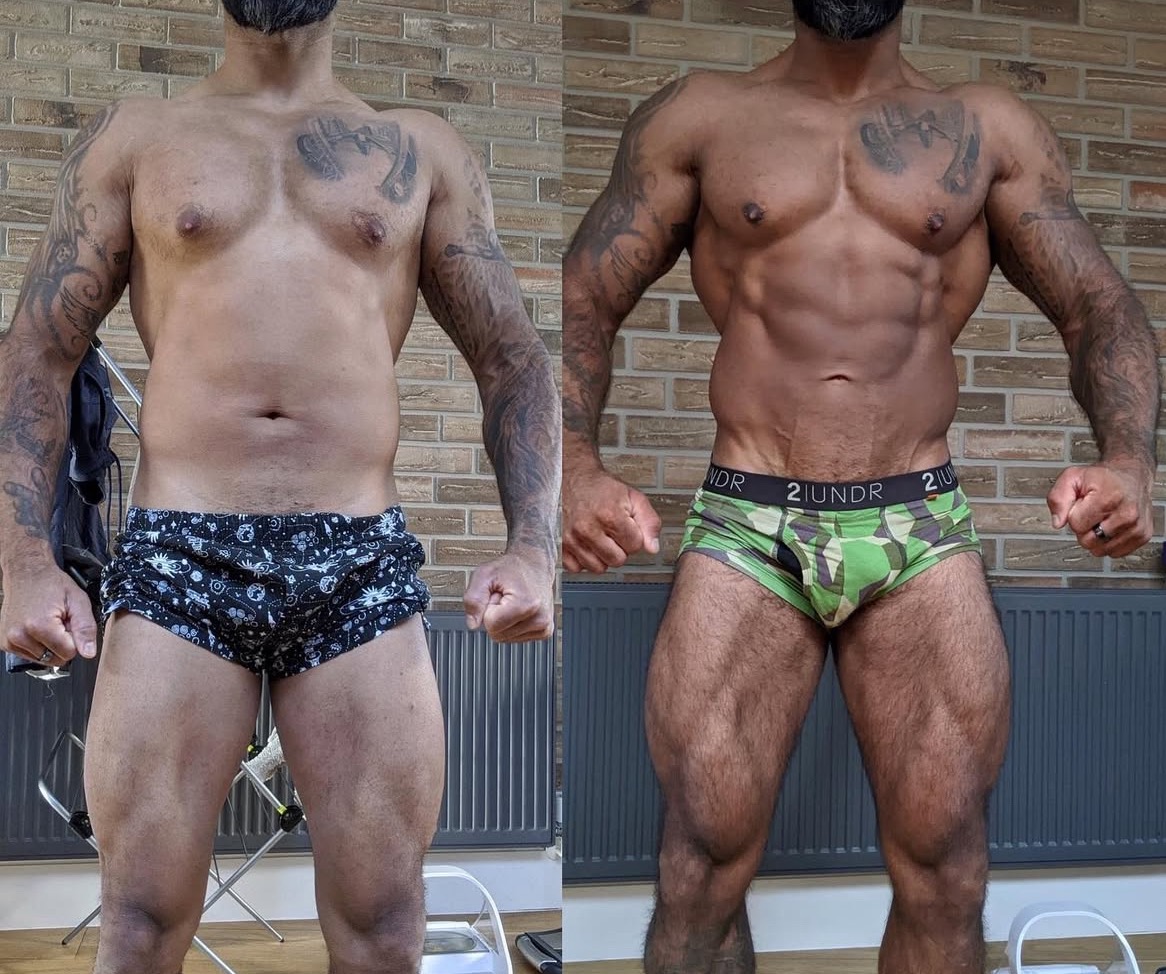 Mężczyzna z tatuażami prezentuje transformację sylwetki: zdjęcie 'przed' z lewej strony, 'po' z prawej, ukazujące różnicę w definicji mięśni i redukcji tkanki tłuszczowej.