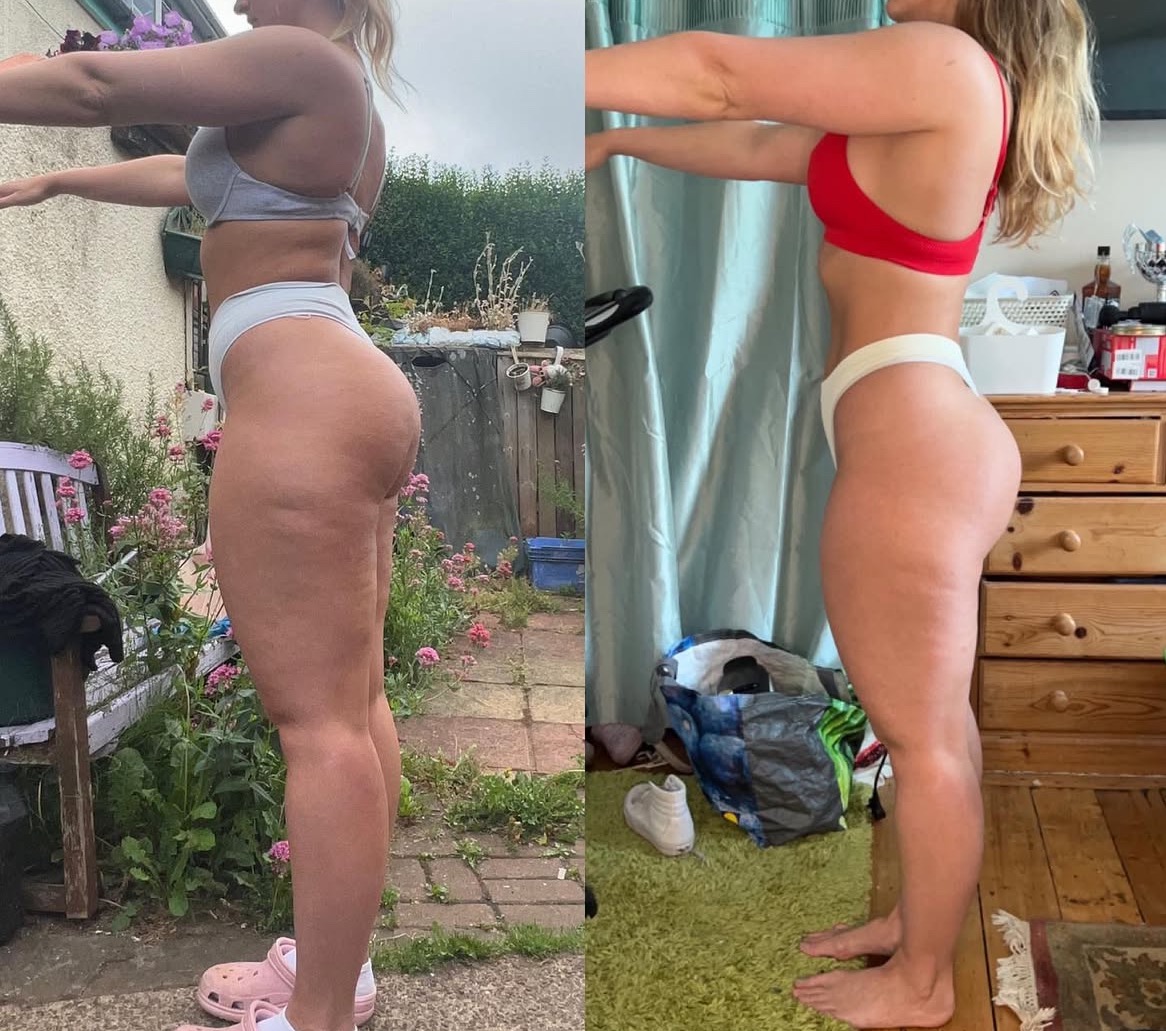 Zdjęcie 'przed i po' sylwetki kobiety, prezentujące efekty treningów. Widoczne zmiany w jędrności i kształcie pośladków oraz ud, ukazane w dwóch różnych sceneriach.