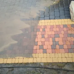 Częściowo umyta, kolorowa kostka brukowa z widoczną różnicą w czystości, obok donica z drzewkiem.