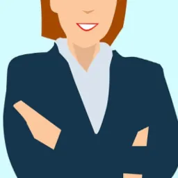 Ilustracja kobiety w granatowej marynarce z założonymi rękami, uśmiechająca się, na jasnoniebieskim tle. Grafika w stylu flat design.