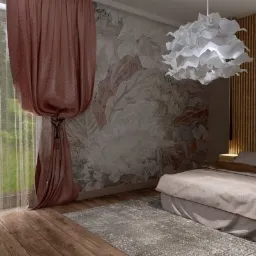 Sypialnia z łóżkiem, lampą w kształcie chmury i zasłonami w kolorze terakoty, wzorzysta tapeta i drewniana podłoga, roślina w szklanym wazonie.