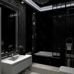 Wizualizacja łazienki w czerni i bieli z marmurowymi ścianami, kabiną prysznicową typu walk-in i umywalką z szafką oraz wysoką szafką z półkami, akcentowana dekoracyjną tapetą w geometryczny wzór...