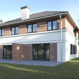 Wizualizacja dwukondygnacyjnego domu jednorodzinnego z drewnianą elewacją na piętrze i białym pasem na parterze, z dużymi przesuwnymi oknami tarasowymi i kominem, otoczonego trawnikiem i drzewami.