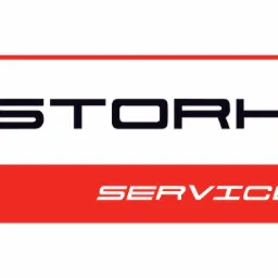 Logo firmy STORK SERVICE na białym tle z czerwonym prostokątem, nazwa firmy w kolorze czarnym, a słowo SERVICE w kolorze białym.