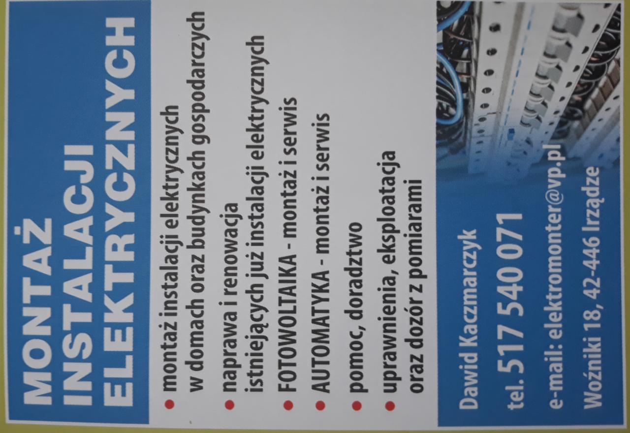 Wizytówka firmy elektrycznej: montaż instalacji elektrycznych, fotowoltaika, automatyka, pomoc, doradztwo, uprawnienia, eksploatacja oraz dozór z pomiarami. Widoczne fragmenty instalacji...
