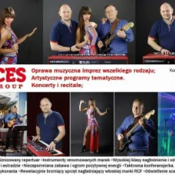 Kolaż zdjęć zespołu muzycznego 'Ex-Ces Cover Group' w różnych konfiguracjach, prezentujący wokalistkę z mikrofonem, gitarzystę i klawiszowca grających na instrumentach, wraz z logo zespołu...