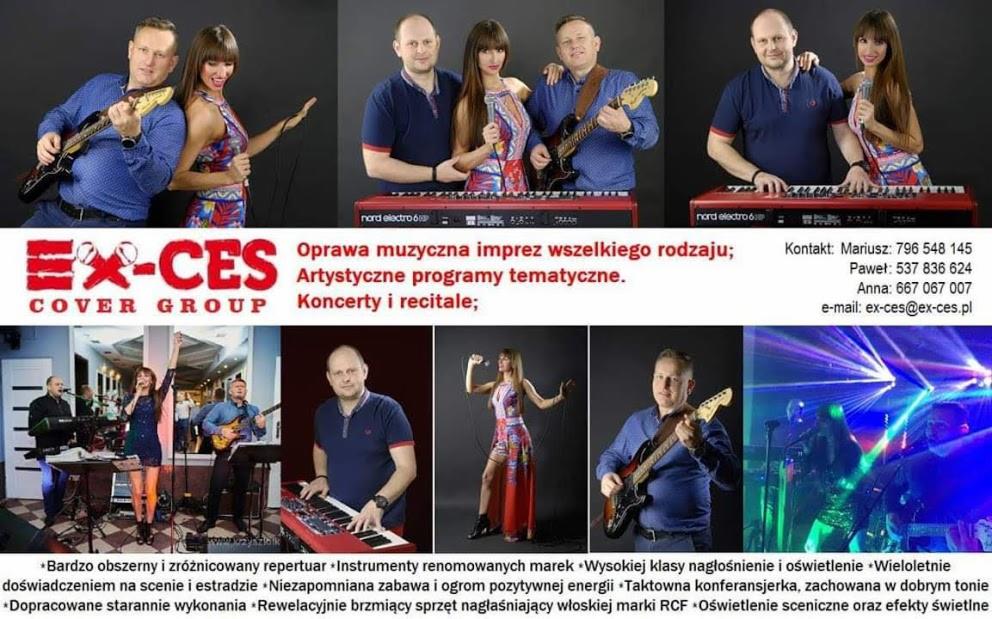 Kolaż zdjęć zespołu muzycznego 'Ex-Ces Cover Group' w różnych konfiguracjach, prezentujący wokalistkę z mikrofonem, gitarzystę i klawiszowca grających na instrumentach, wraz z logo zespołu...