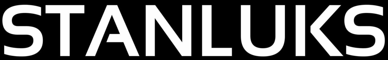 Białe litery 'STANLUKS' na czarnym tle, logo firmy.