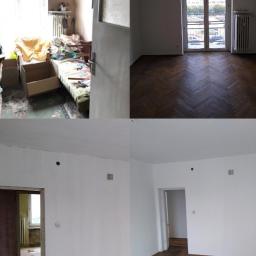 Usługi Malarskie - Czteropanelowe porównanie pokoju przed i po remoncie: zagracone wnętrze z meblami i bałaganem kontra odnowione, puste pomieszczenie z parkietem i białymi ścianami.