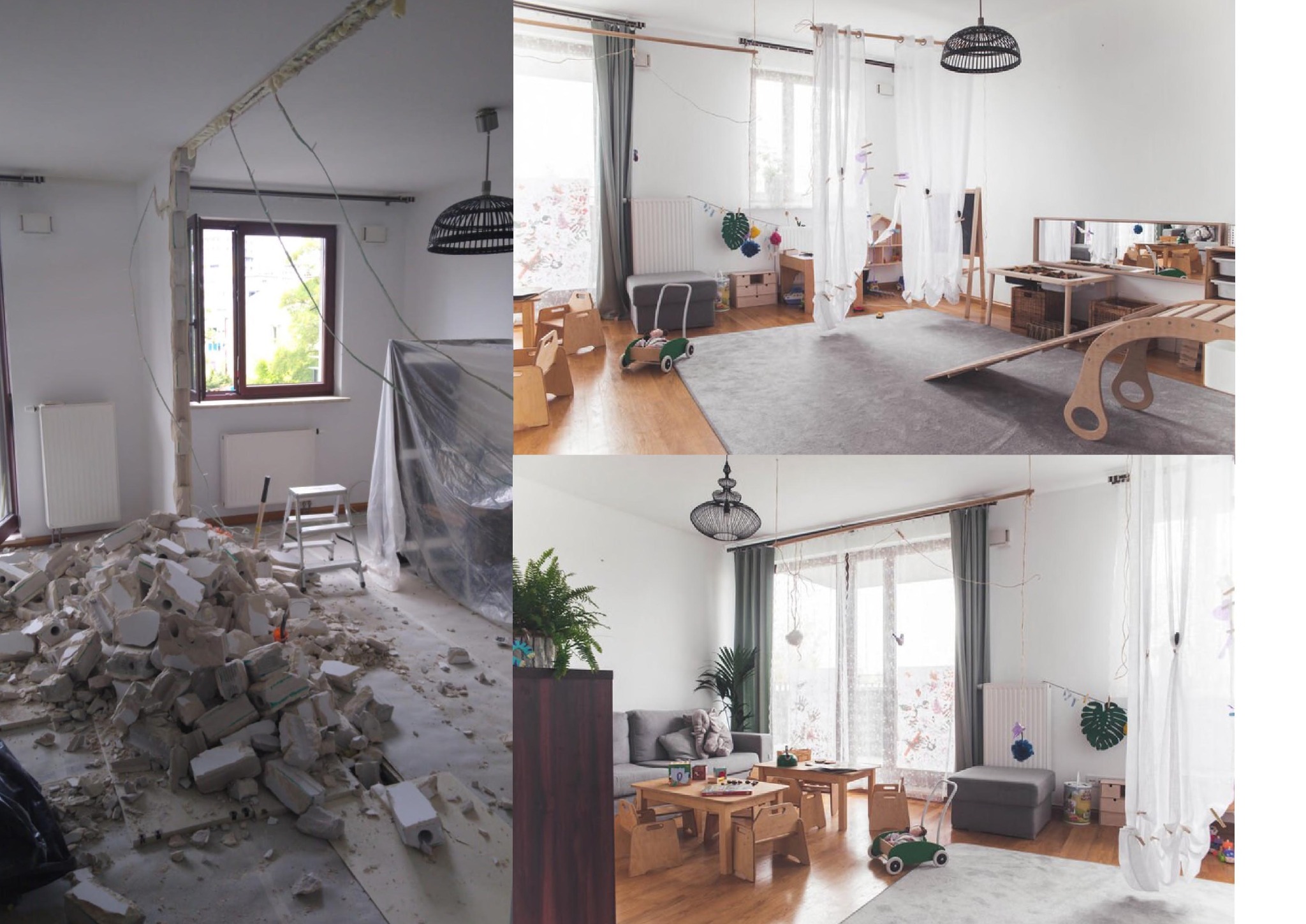 Przedpokój w trakcie remontu i po nim: zburzona ściana działowa, gruzowisko i gotowy pokój dziecięcy w stylu Montessori z drewnianymi mebelkami, zabawkami i huśtawką.