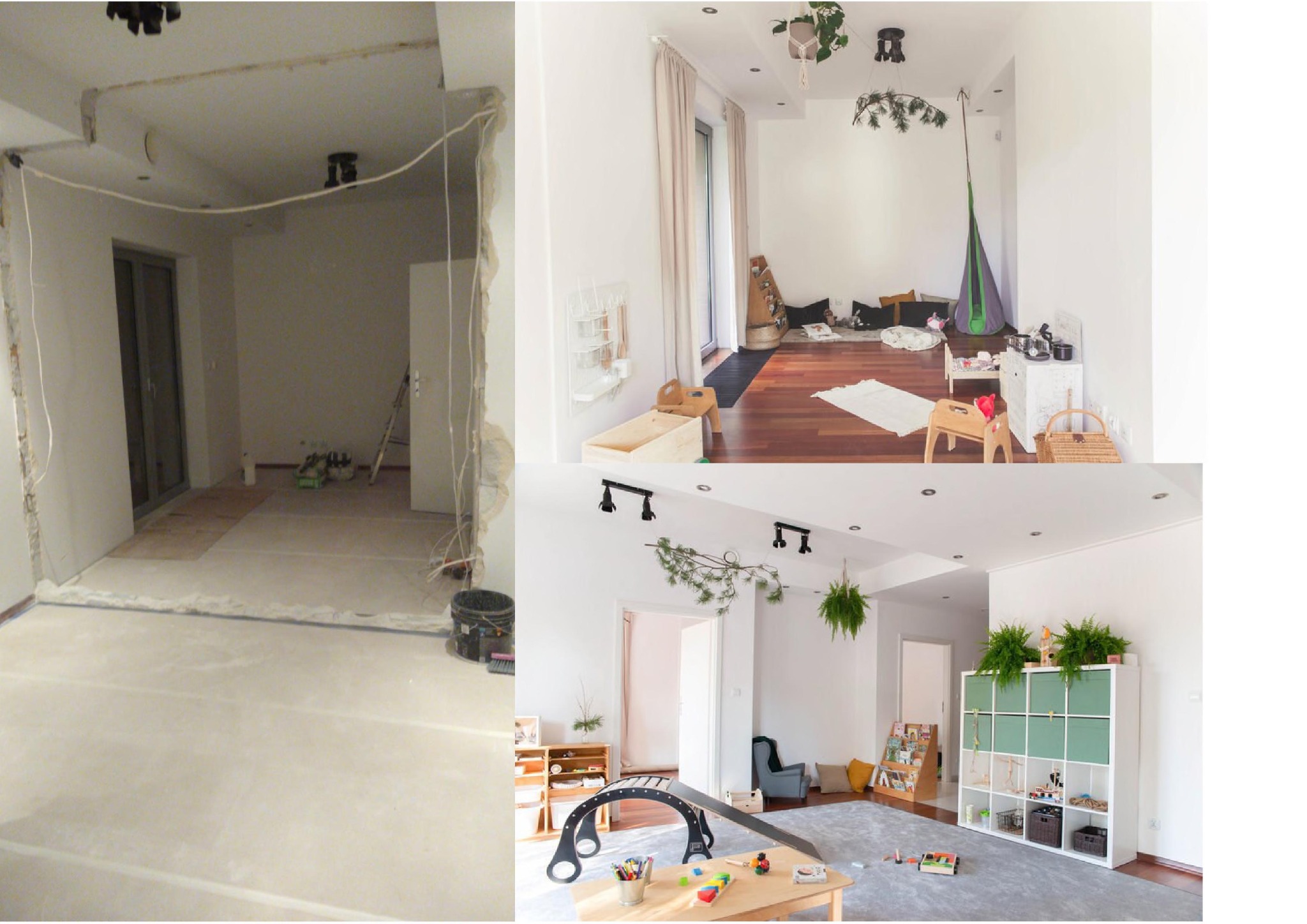 Pokój dziecięcy przed i po remoncie: surowe ściany w trakcie prac remontowych zestawione z jasnym, urządzonym pokojem zabaw z drewnianą podłogą, meblami i roślinami.