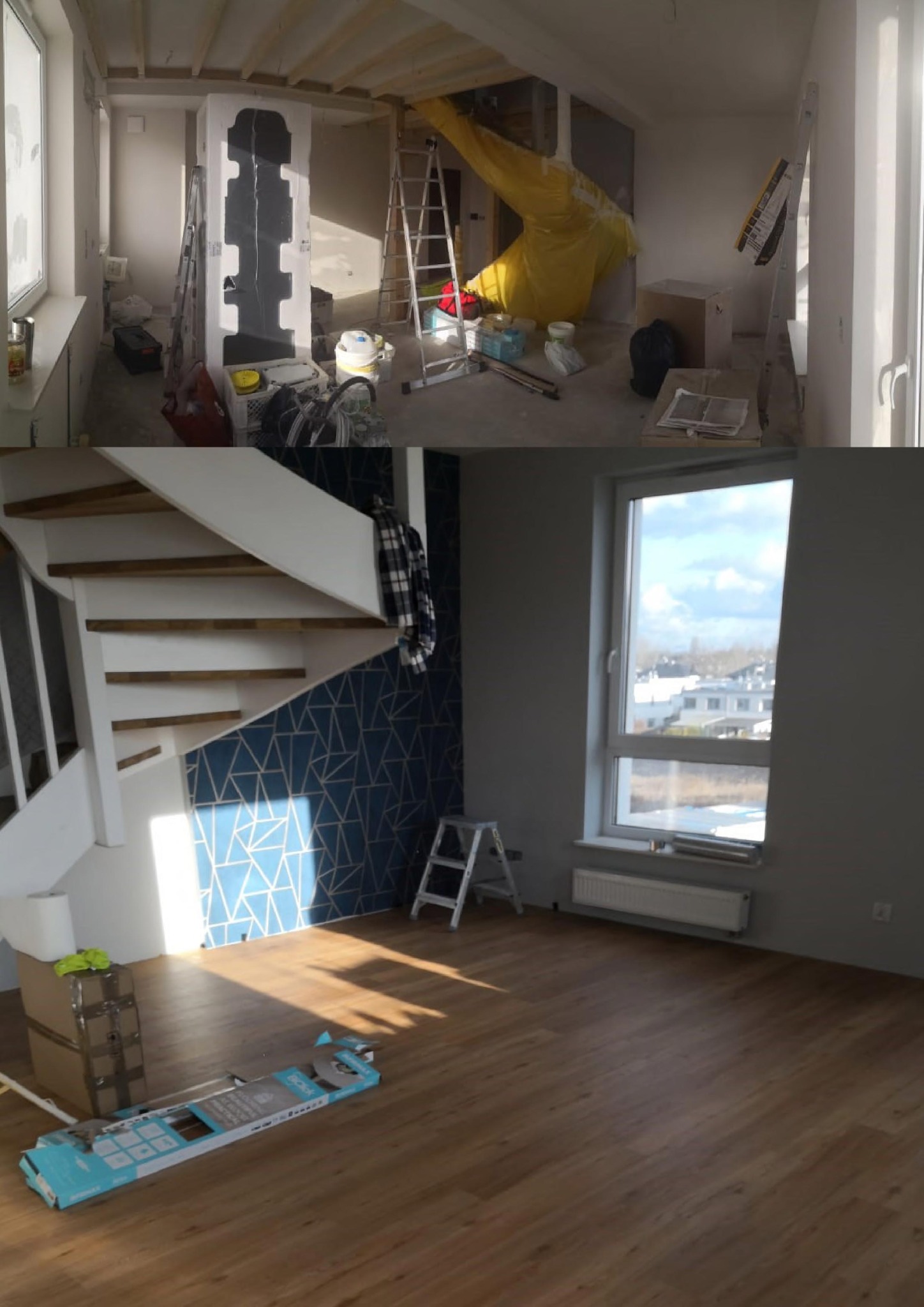 Dwupoziomowe wnętrze w trakcie remontu: góra z zabezpieczonym meblem folią, drabina, narzędzia; dół ze schodami, tapetą w geometryczne wzory i nową podłogą.