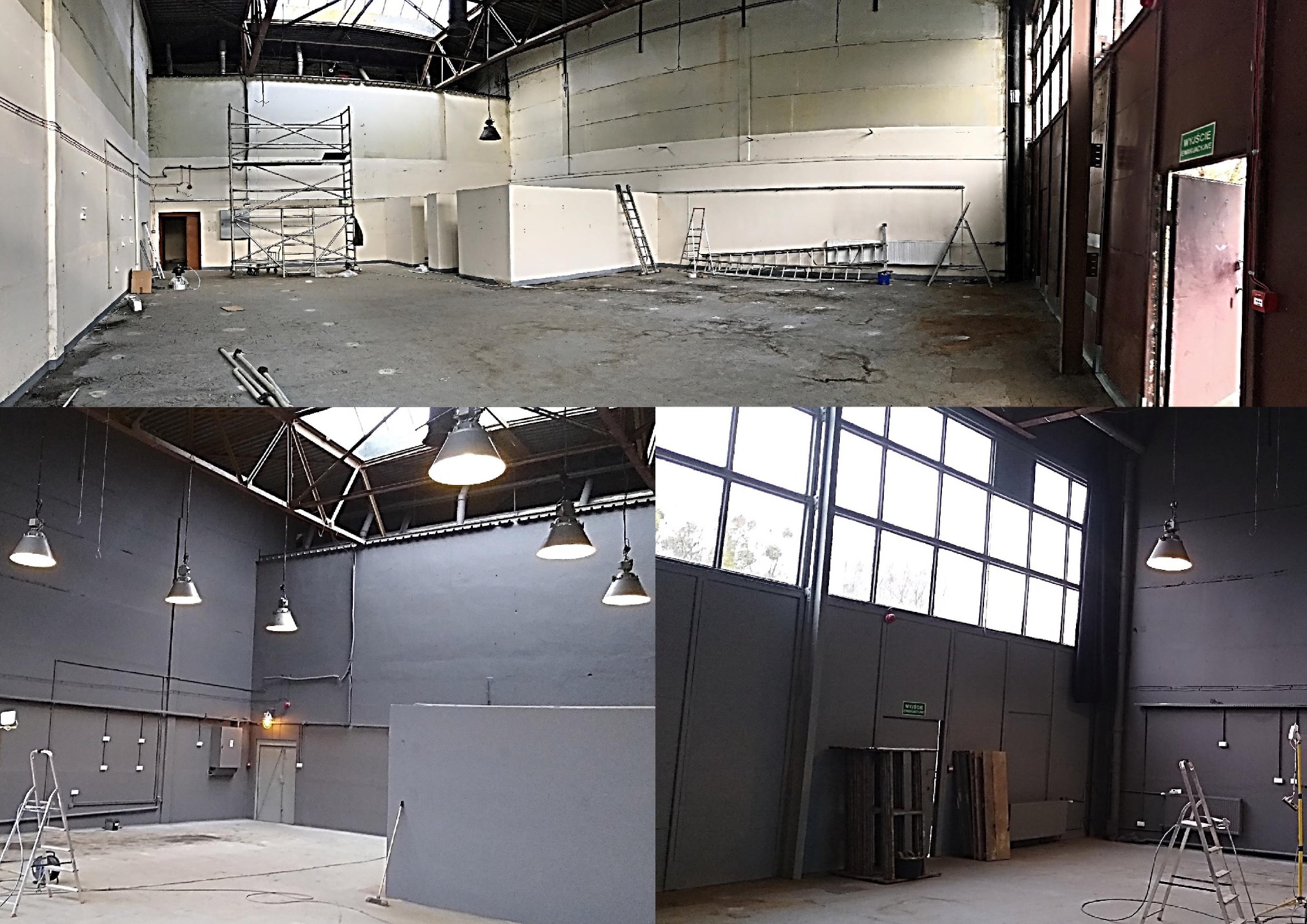Duża hala przemysłowa w dwóch etapach: przed i po odnowieniu, z szarymi ścianami, metalową konstrukcją dachu i wiszącymi lampami przemysłowymi. Na górnym zdjęciu widoczne rusztowania i drabiny...
