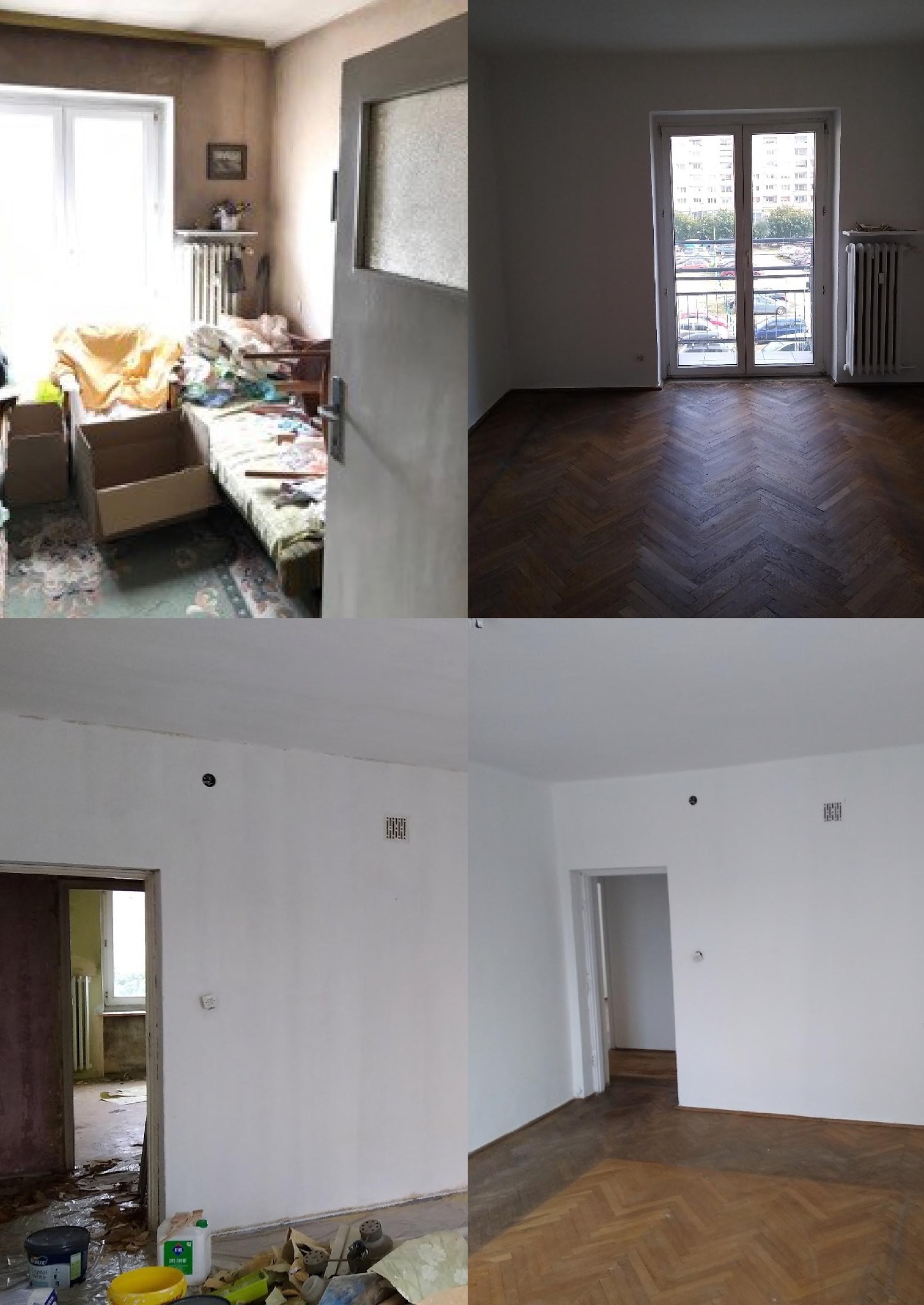 Czteropanelowe porównanie pokoju przed i po remoncie: zagracone wnętrze z meblami i bałaganem kontra odnowione, puste pomieszczenie z parkietem i białymi ścianami.