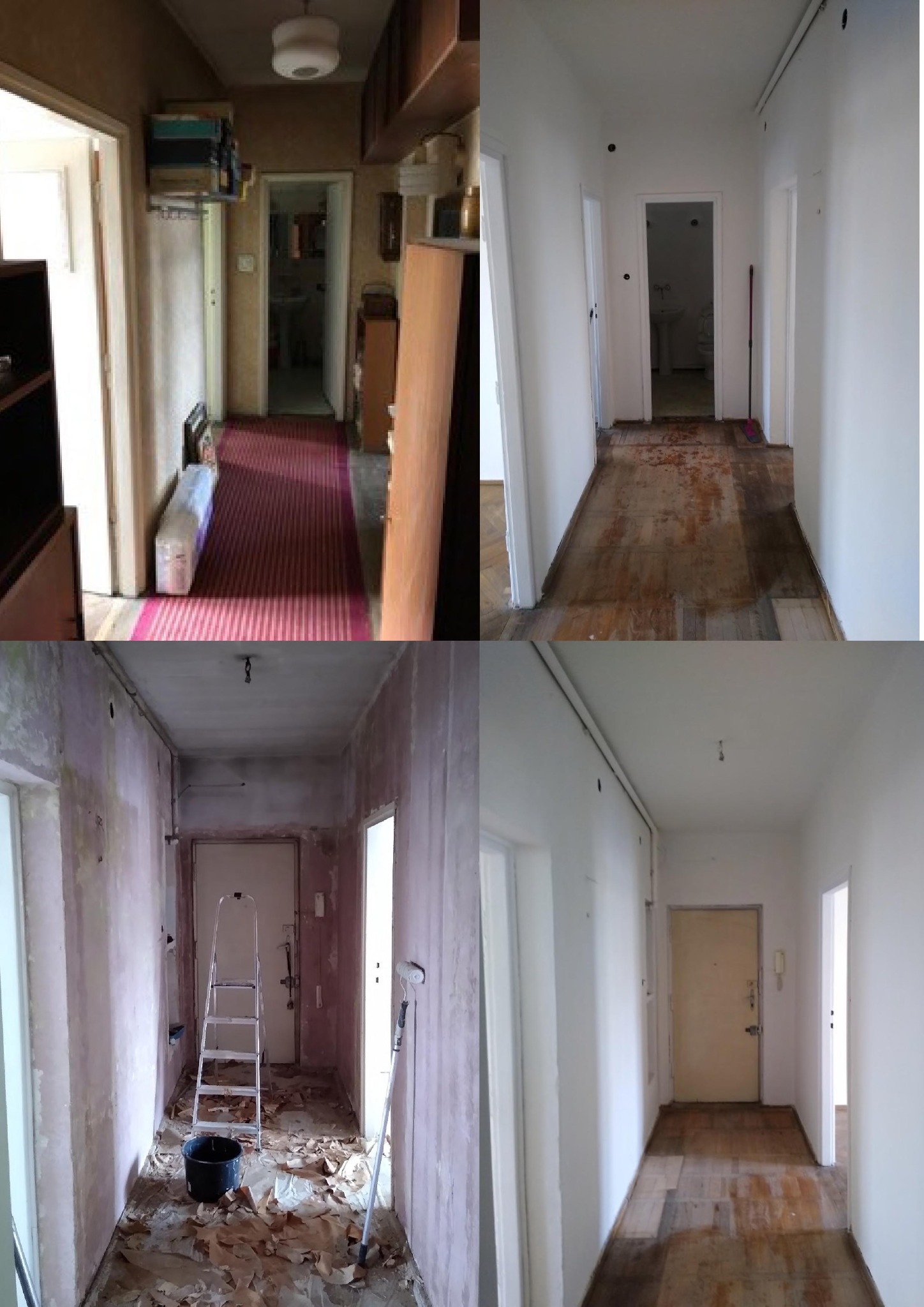 Kolaż przedstawiający cztery etapy remontu korytarza: stan przed remontem z ciemnymi ścianami i dywanem, stan po zerwaniu tapet z widoczną drabiną i resztkami tapet, stan z przygotowaną podłogą...