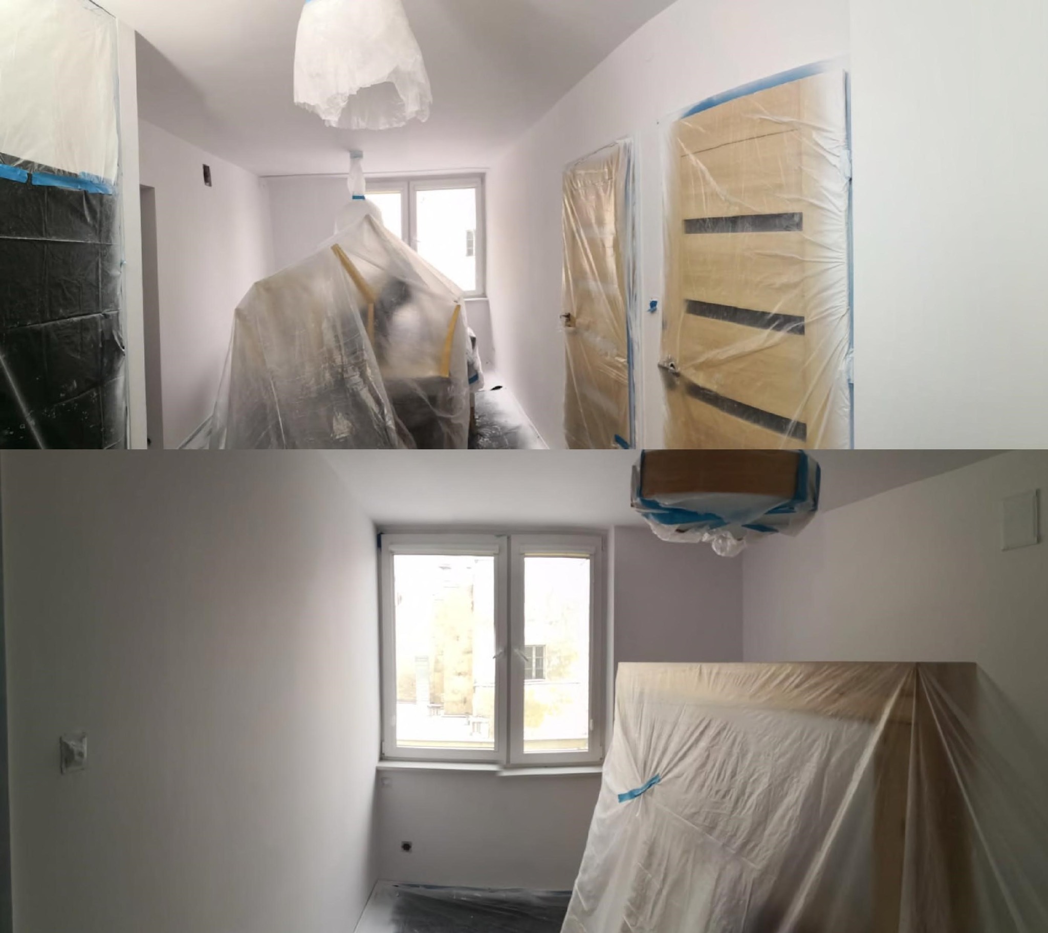 Dwa ujęcia tego samego pokoju przed i po odświeżeniu ścian na biało. Meble i drzwi zabezpieczone folią malarską.