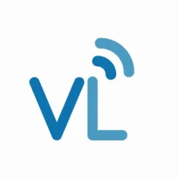 Niebieskie logo VL z stylizowanymi falami radiowymi nad literą L, na białym tle.